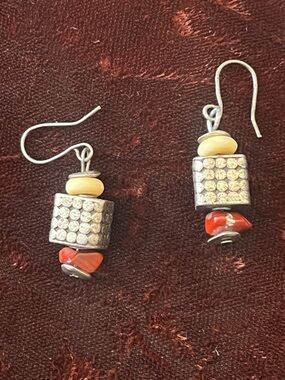 Handcrafted Silver-Tone Earrings White Brown Beads Rectangular Textured Hook